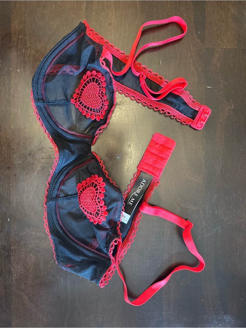 Adore Me Black Sheer Bra with Red Heart Lace Trim